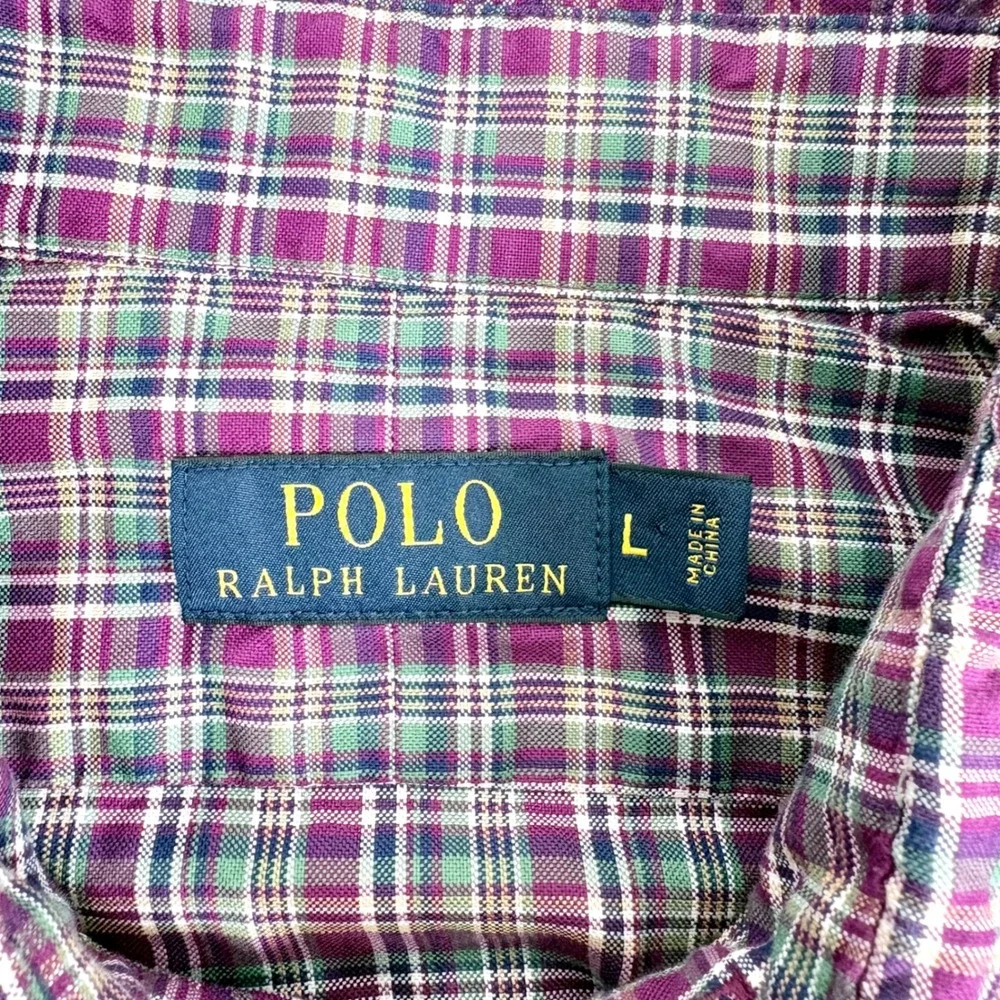 Polo Ralph Lauren Button Down Shirt Purple Green Plaid Cotton‎ Mens Large